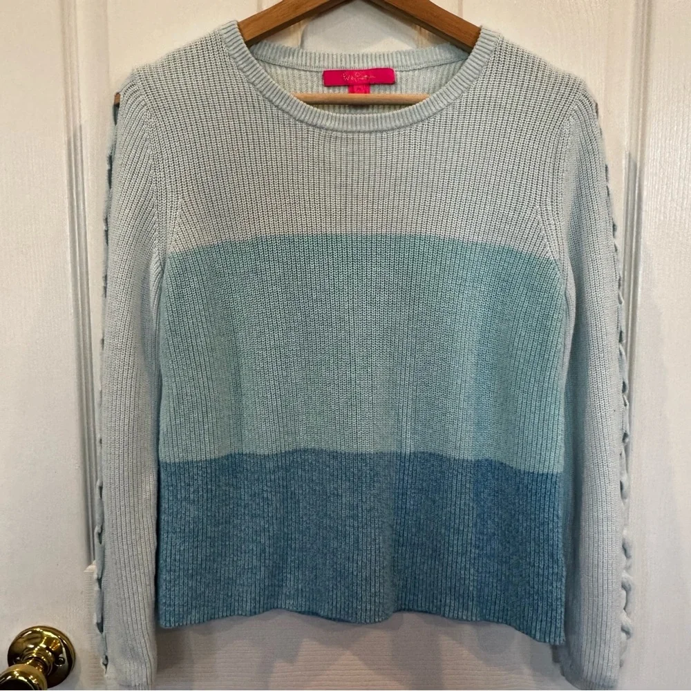 Lilly Pulitzer Cortina Ombre Colorblock Lace Up Sleeve Cotton Sweater Medium